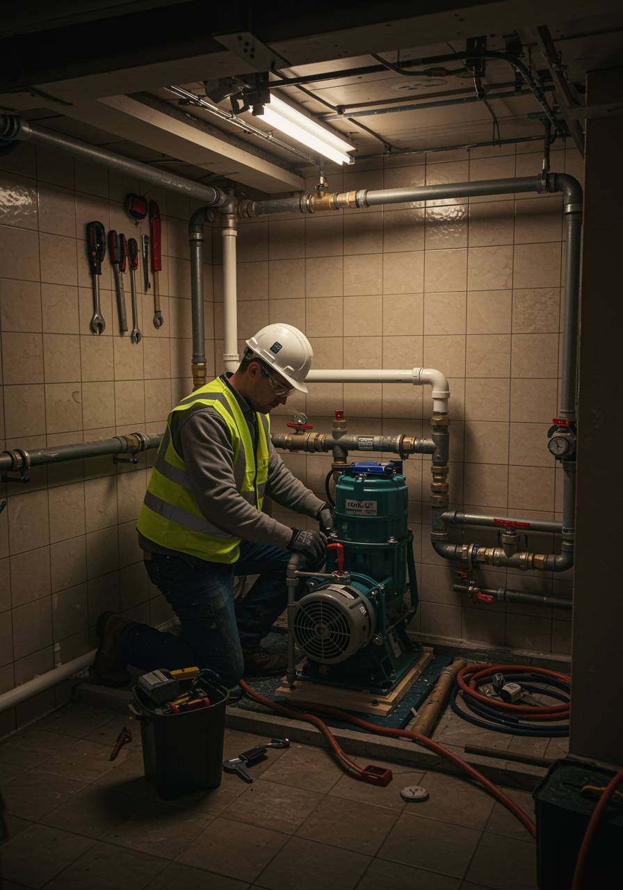 "Instalación de bomba de sótano residencial por técnico en chaleco de seguridad, con tuberías conectadas y herramientas organizadas, en un entorno iluminado y detallado."