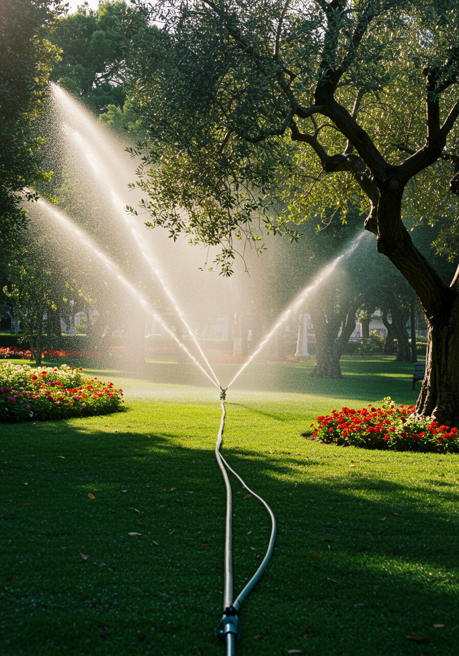 "Riego automatizado en un jardín público de Málaga con césped verde, flores y olivos iluminados por la mañana."