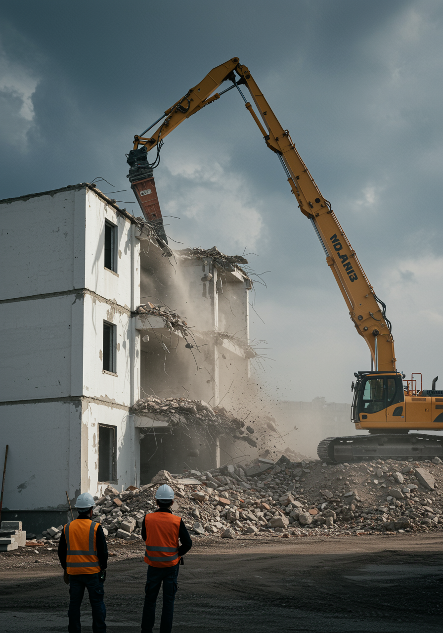 "Imagen CGI de alta resolución de un edificio de concreto blanco en demolición parcial por un excavador de gran alcance, con trabajadores observando desde una distancia segura."