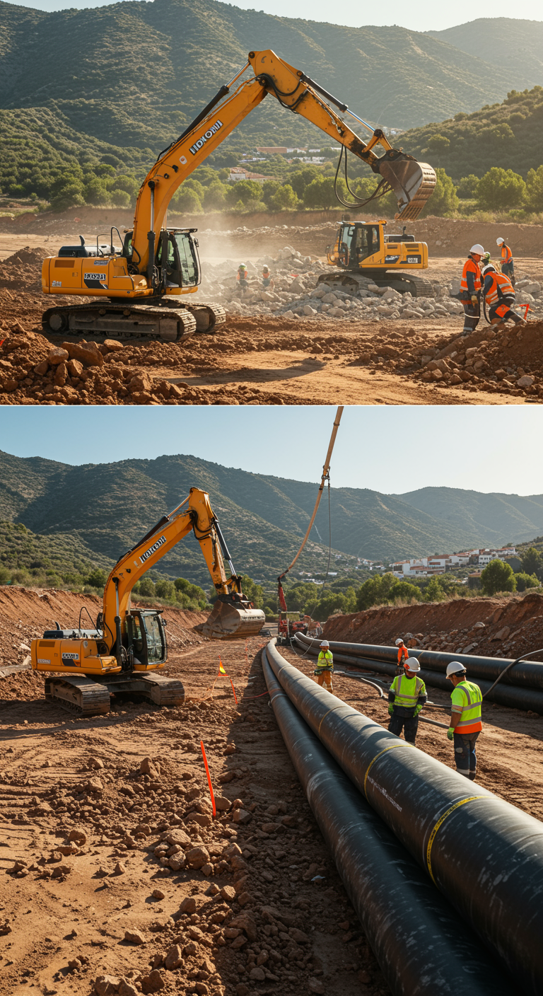 "Imagen panorámica de alta definición que muestra los servicios clave de Hidromi en un valle soleado de Málaga: excavadora excavando, demolición controlada con maquinaria pesada e instalación de grandes tuberías hidráulicas."