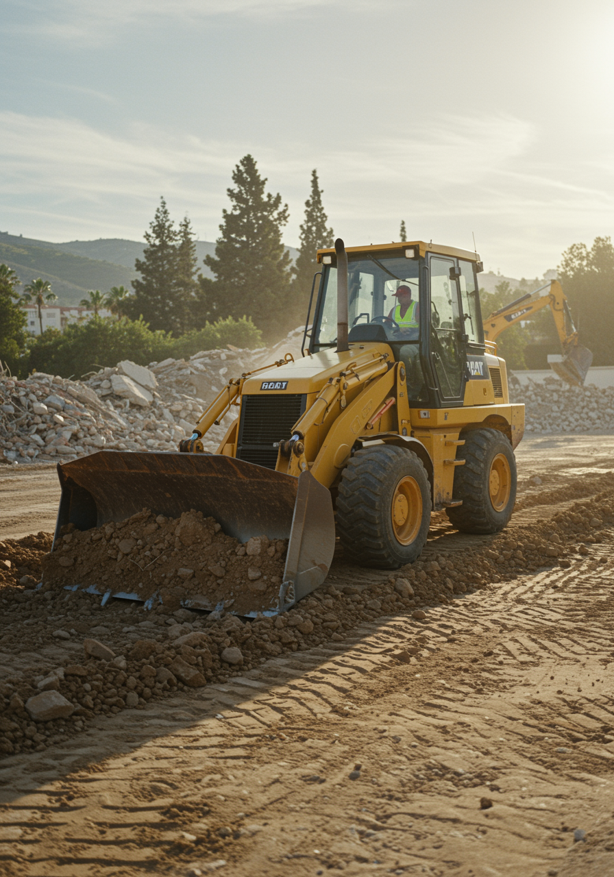 "Bulldózer amarillo trabajando en un sitio de construcción suburbano en Málaga, con operador visible y maquinaria en el fondo, bajo la luz cálida del sol."