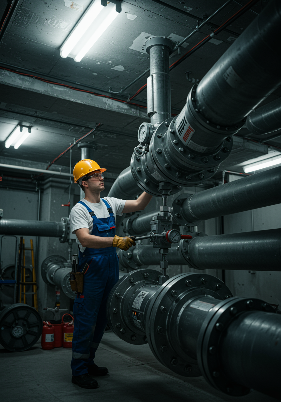 "Plomero blanco en overoles y casco instalando tuberías hidráulicas de gran diámetro en el sótano de un edificio comercial, con iluminación ambiental y equipos de la marca Hidromi."