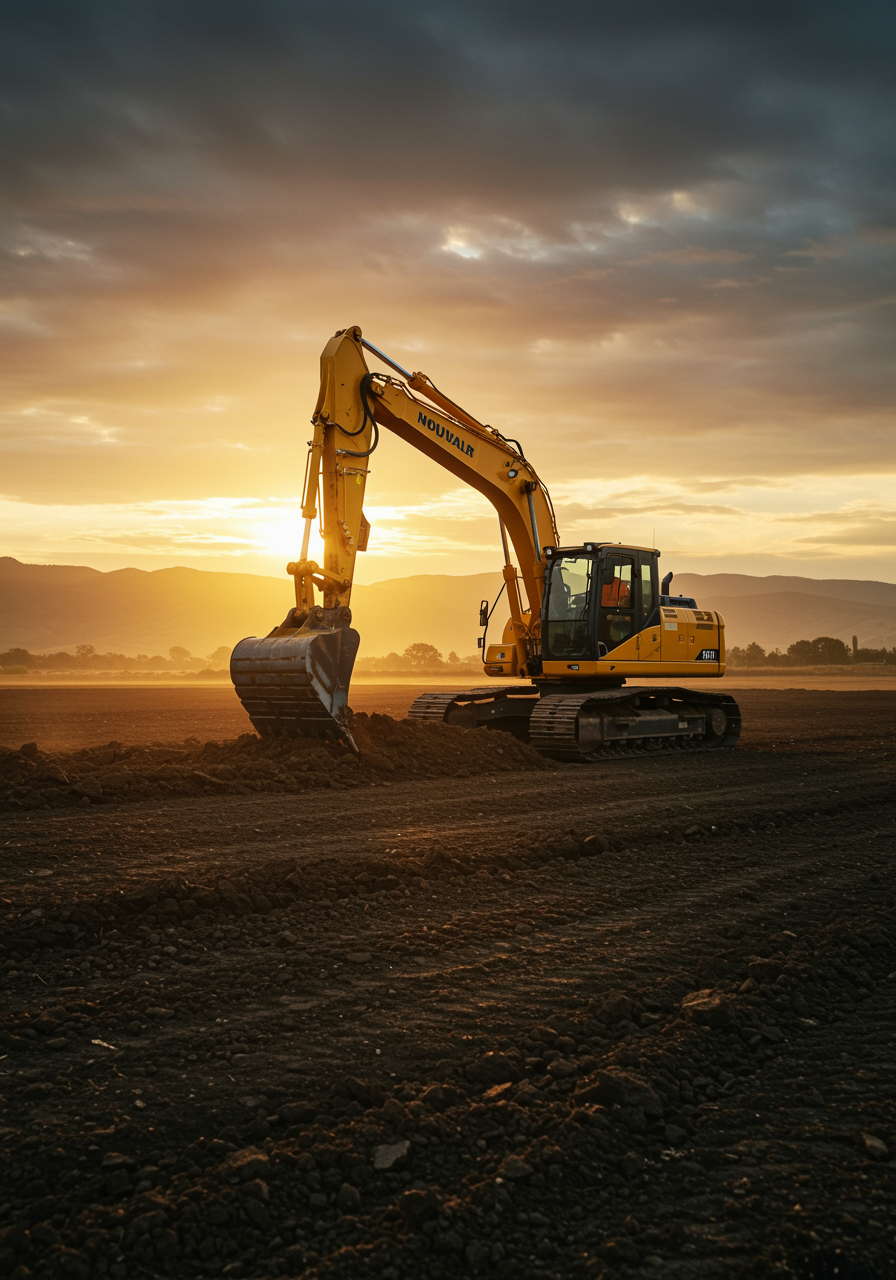 "Excavadora amarilla realizando preparación de terreno y nivelación bajo un amanecer dorado, con operador en controles y montañas al fondo."