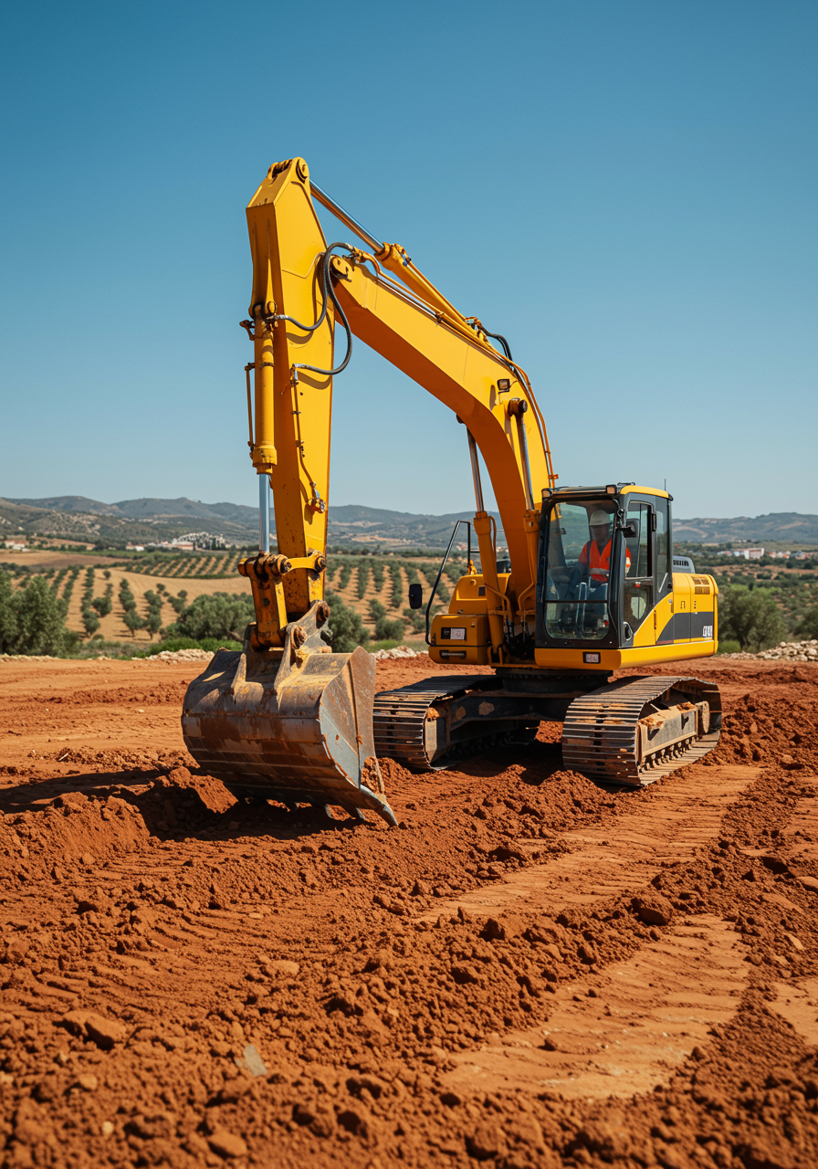 "Excavadora amarilla con operador en casco y chaleco reflectante trabajando en un sitio de construcción en Málaga, rodeada de colinas y olivos bajo un cielo azul."
