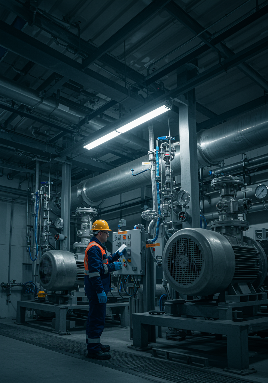 "Estación de bombeo industrial en una fábrica con bombas de acero inoxidable y un ingeniero revisando medidores en un ambiente iluminado."