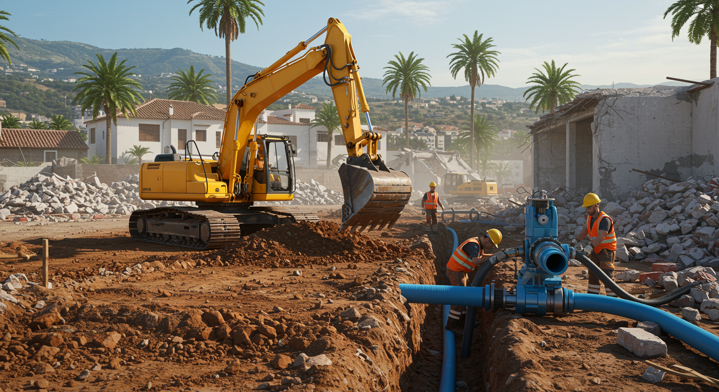 "Construcción en un sitio profesional en Málaga, España: excavadora amarilla operando en una obra bajo un cielo mediterráneo, con técnicos instalando tuberías hidráulicas y una demolición controlada al fondo."