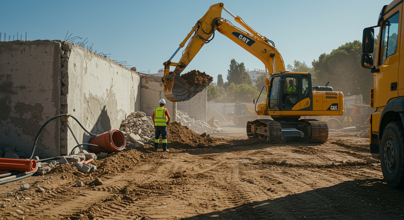 imagen26 2 "Excavadora hidráulica amarilla en un soleado sitio de construcción en Málaga, España, con operador en chaleco reflectante, trabajando en la demolición y preparación de terrenos."