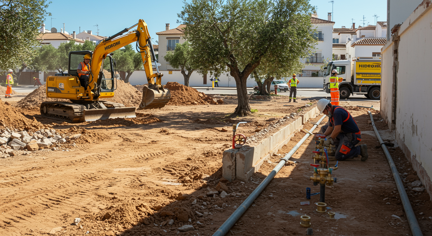 "Escena foto-realista de un proyecto de excavación e instalación hidráulica en Málaga, con un excavador amarillo y un técnico conectando tuberías para riego, ideal para servicios de demolición y excavación."