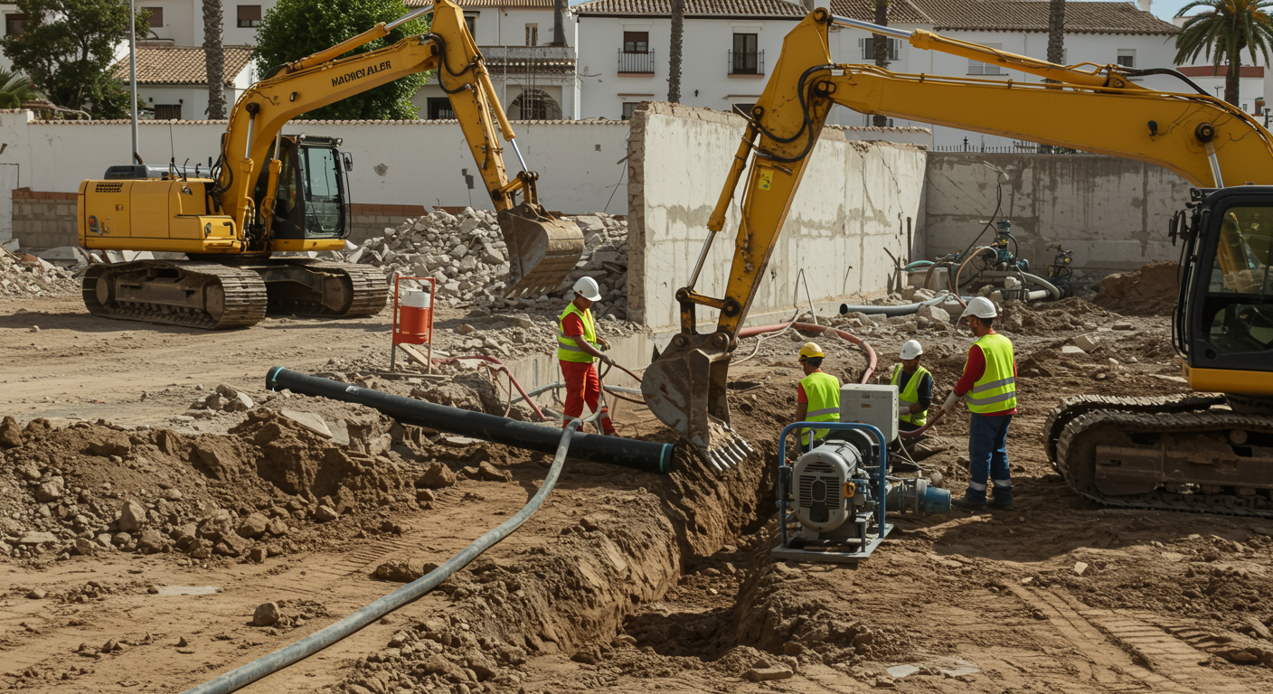 "Excavadora hidráulica amarilla en un sitio de construcción en Málaga, con trabajadores coordinando instalaciones hidráulicas y demolición en un paisaje mediterráneo."